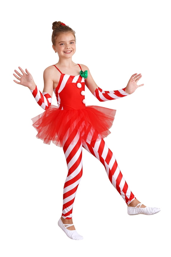 Kids Girls Christmas Candy Cane Santa Claus Jumpsuit Ballet Dance Leotard Tutu Dress Elf Outfit Red 12