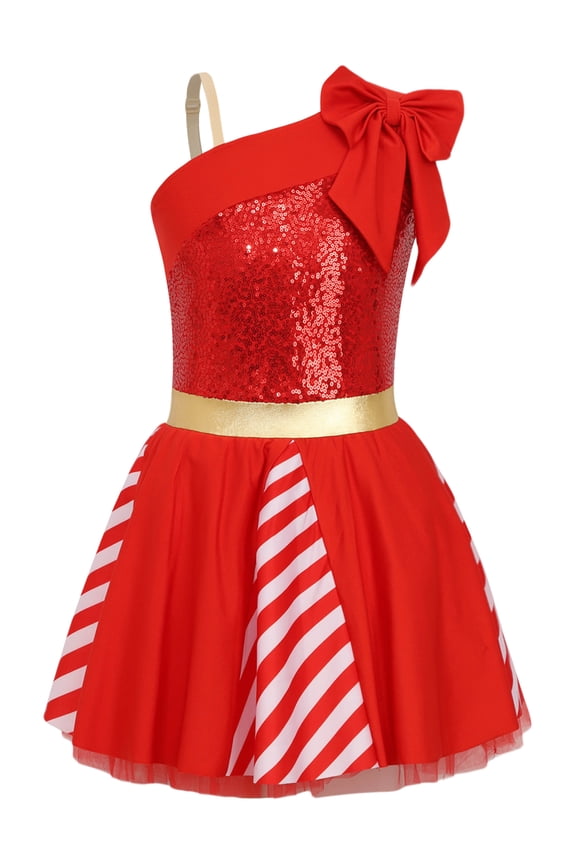 Kids Girls Christmas Candy Cane Stripes Tutu Sequins Ballet Dance Dress Xmas Party Outfits Red 14