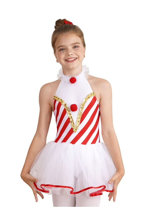 Kids Girls Christmas Candy Cane Tutu Dress Sequin Striped Dance Gymnastic Leotard Figure Skating Dress Red 14
