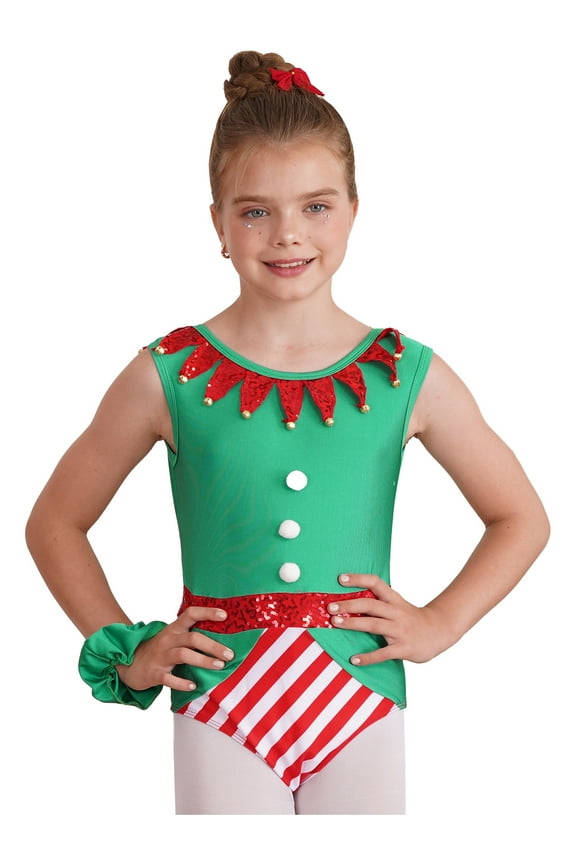Kids Girls Christmas Dance Clothes Xmas Santa Elf Leotard for Gymnastics Ballet Dance Bodysuit Green 4