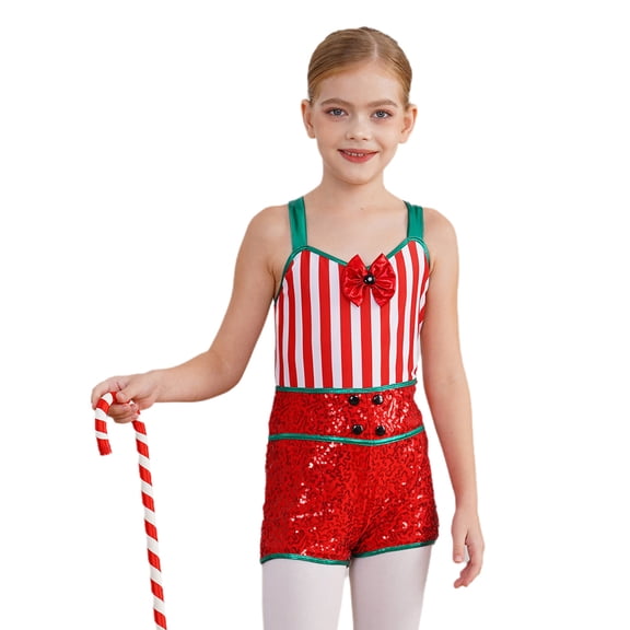 TSSOE Kids Girls Christmas Dance Unitard Sequins Candy Cane Striped Ballet Dance Leotard Unitard Party Festival Outfits Red 6