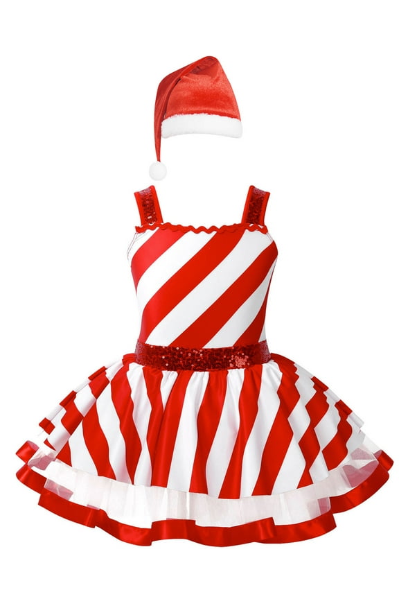 Kids Girls Christmas Party Candy Cane Striped Dance Tutu Dress Figure Ice Skating Leotard Dress with Hat Red 14