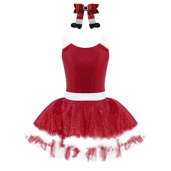 TSSOE Kids Girls Christmas Performance Outfits Sleeveless Sequin Leotard Dress with Hair Clip Set Red 12