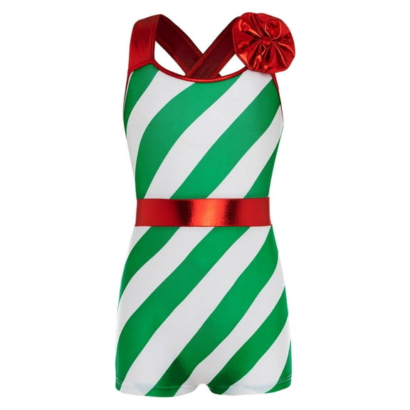 TSSOE Kids Girls Christmas Striped Leotard Cross Strap Back Ballet Dance Unitard Biketard Santa Claus Clothes Green 12