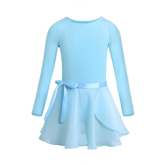TSSOE Girls Kids Cotton Long Sleeves Ballet Dance Gymnastics Leotard with Chiffon Tied Skirt Outfit Set for Gymnastic Sky Blue