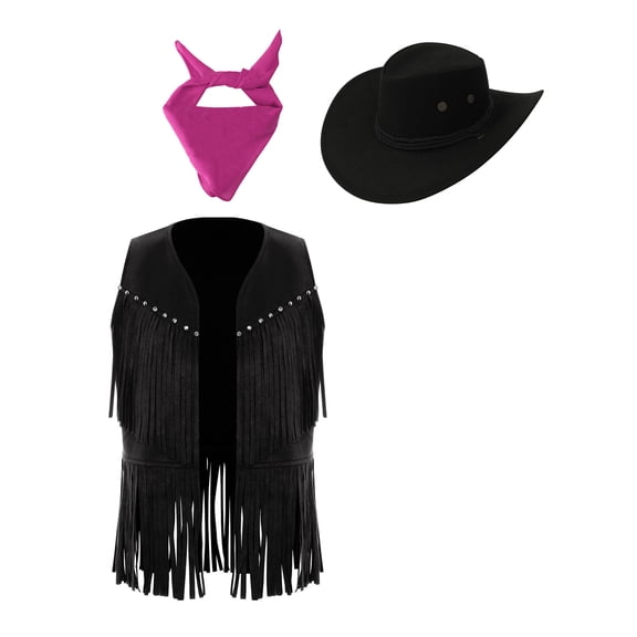 TSSOE Kids Girls Cowgirls Clothes Set Western Cowboy Themed Party Fancy Dress Up Fringed Vest Cowgirls Set Black Hot Pink 8