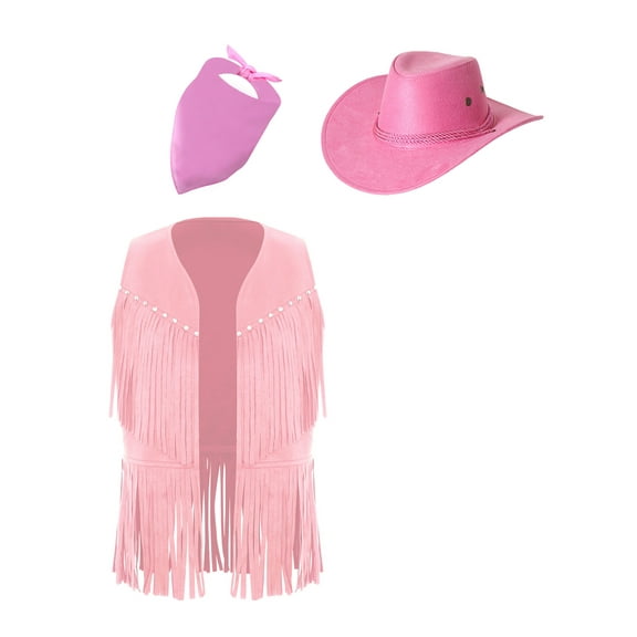 TSSOE Kids Girls Cowgirls Clothes Set Western Cowboy Themed Party Fancy Dress Up Fringed Vest Cowgirls Set Pink 16