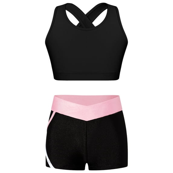 TSSOE Kids Girls Dance Crop Tops and Shorts Set Two Pieces Dance Sports Outfits Gymnastics Ballet Black&Pink 6