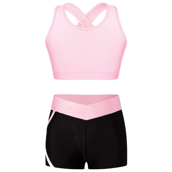 TSSOE Kids Girls Dance Crop Tops and Shorts Set Two Pieces Dance Sports Outfits Gymnastics Ballet Pink 14