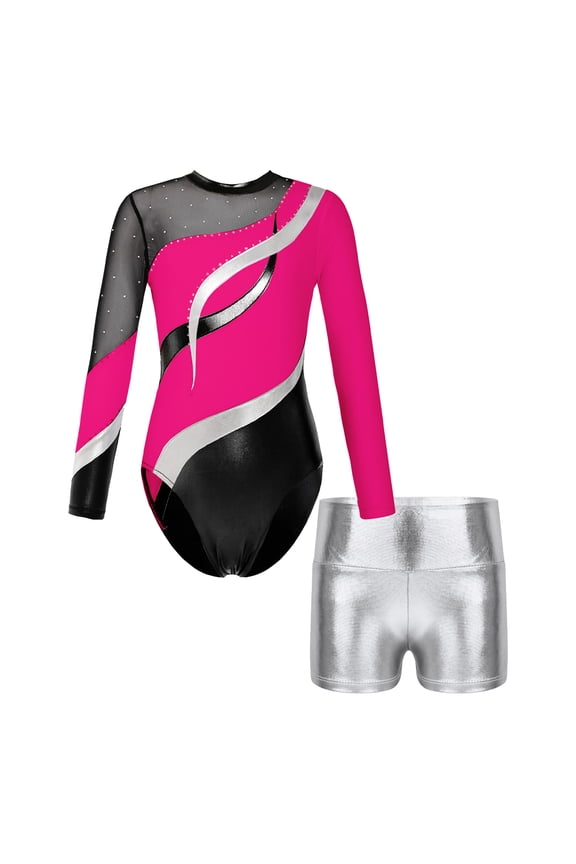Kids Girls Dance Gymnastic Outfits Sets Rhinestone Long Sleeve Leotard with Metallic Athletic Shorts Set Hot Pink&Silver 14