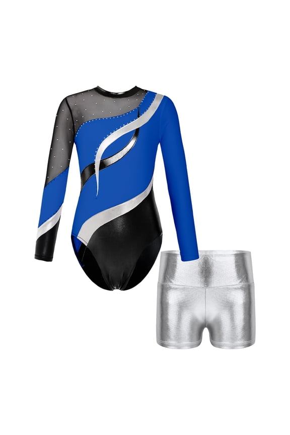Kids Girls Dance Gymnastic Outfits Sets Rhinestone Long Sleeve Leotard with Metallic Athletic Shorts Set Royal Blue&Silver 6