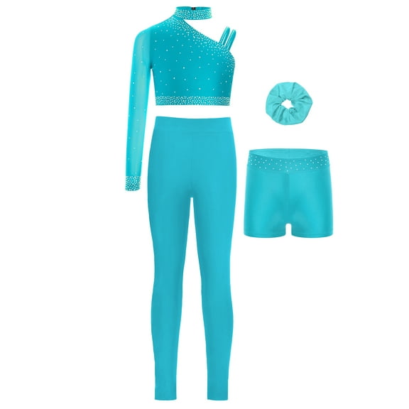TSSOE Kids Girls Dance Outfits 4pcs Crop Top with Shorts Leggings Hairband Set Gymnastics Yoga Workout Activewear Blue Green 10