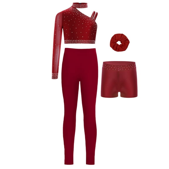 TSSOE Kids Girls Dance Outfits 4pcs Crop Top with Shorts Leggings Hairband Set Gymnastics Yoga Workout Activewear Burgundy 8