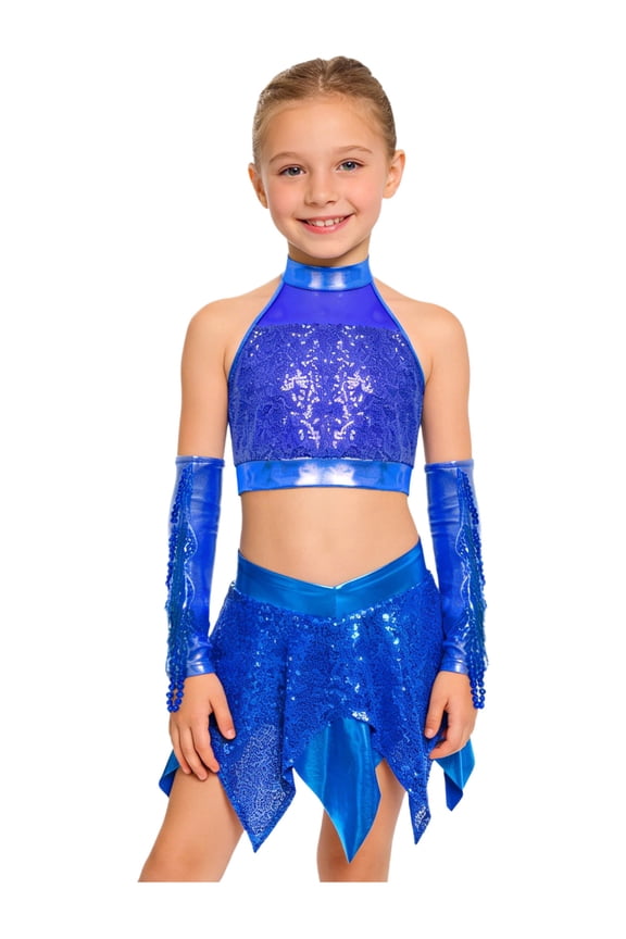 Kids Girls Disco Hip Hop Jazz Latin Cha Cha Dance Outfit Sequin Crop Top with Skirt Tassel Arm Sleeves Set Blue 8