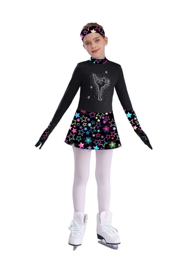 Kids Girls Figure Ice Skating Dress with Gloves and Headband for Competition and Practice Dance Clothes Star Black 16