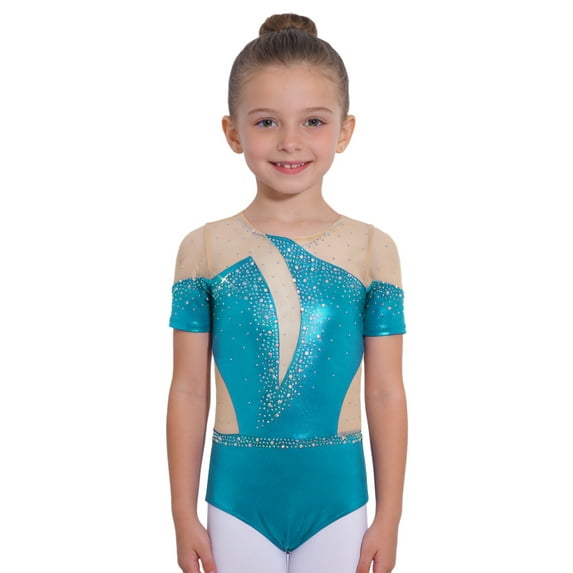 TSSOE Kids Girls Figure Ice Skating Jumpsuit Sparkly Rhinestone Gymnastics Bodysuit Rhythmic Dance Leotard Green 14