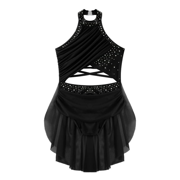 TSSOE Kids Girls Figure Skating Dress Cutout Strappy Back Rhinestones Skirted Leotard Ballet Lyrical Black 6