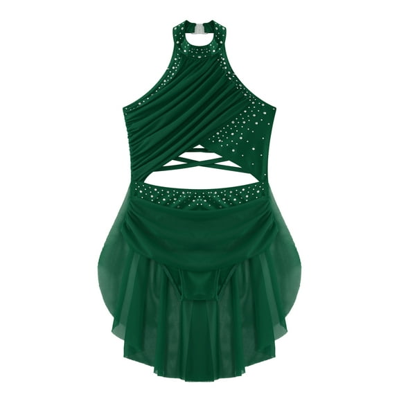 TSSOE Kids Girls Figure Skating Dress Cutout Strappy Back Rhinestones Skirted Leotard Ballet Lyrical Green 8