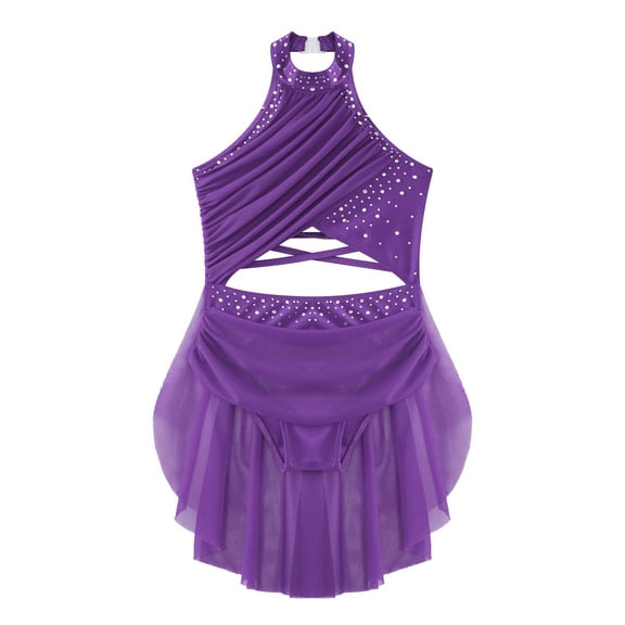 TSSOE Kids Girls Figure Skating Dress Cutout Strappy Back Rhinestones Skirted Leotard Ballet Lyrical Purple 8