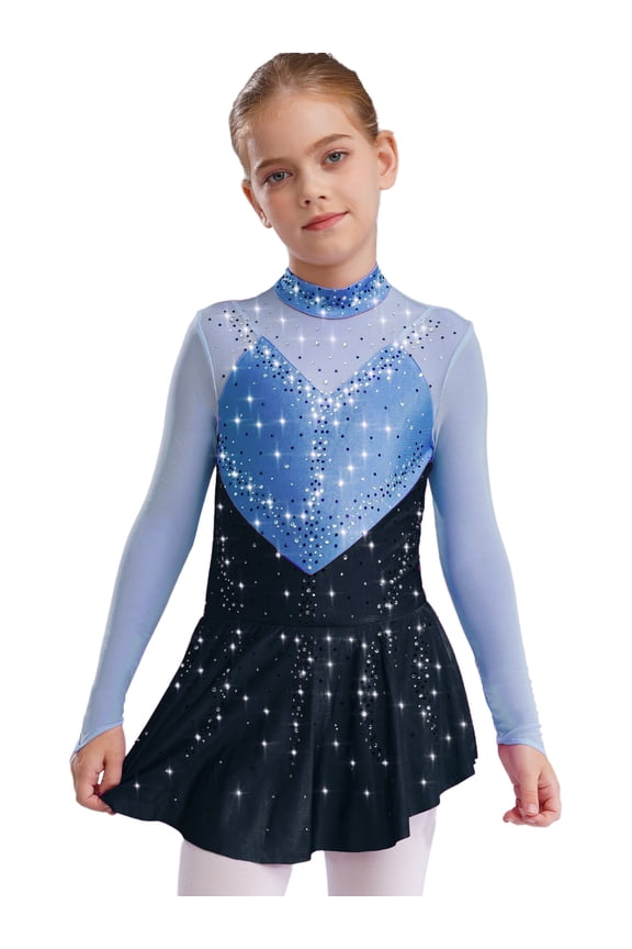 Kids Girls Figure Skating Gymnastics Dance Dress Competition Performance Long Sleeve Mesh Patchwork Leotard Blue 14