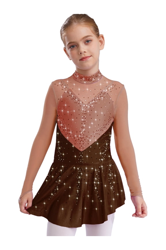 Kids Girls Figure Skating Gymnastics Dance Dress Competition Performance Long Sleeve Mesh Patchwork Leotard Brown 6