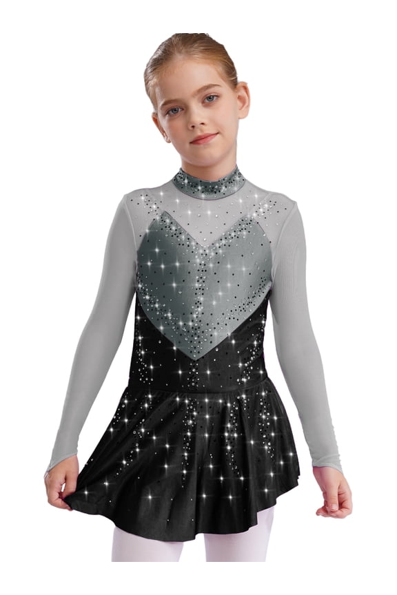 Kids Girls Figure Skating Gymnastics Dance Dress Competition Performance Long Sleeve Mesh Patchwork Leotard Gray&Black 6