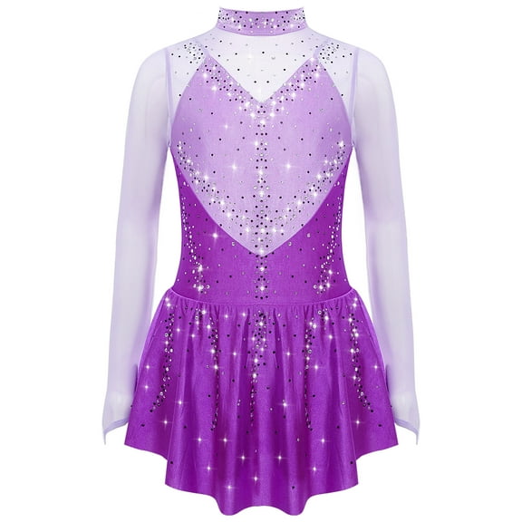 TSSOE Kids Girls Figure Skating Gymnastics Dance Dress Competition Performance Long Sleeve Mesh Patchwork Leotard Purple 12