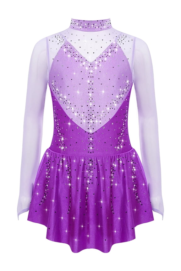 Kids Girls Figure Skating Gymnastics Dance Dress Competition Performance Long Sleeve Mesh Patchwork Leotard Purple 8