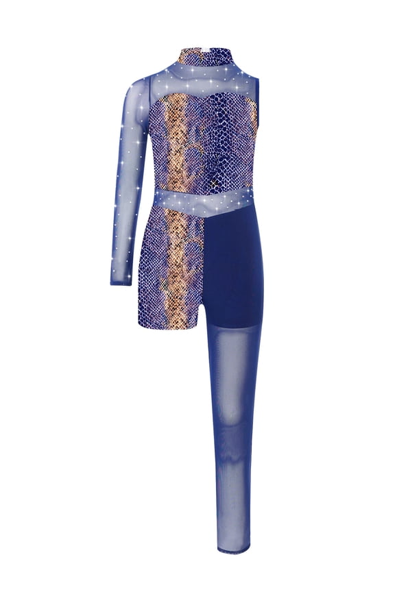 Kids Girls Figure Skating Leotard Ballroom Bodysuit Gymnastics Jumpsuit Full Length Catsuit Dance Unitards Blue Snakeskin 6