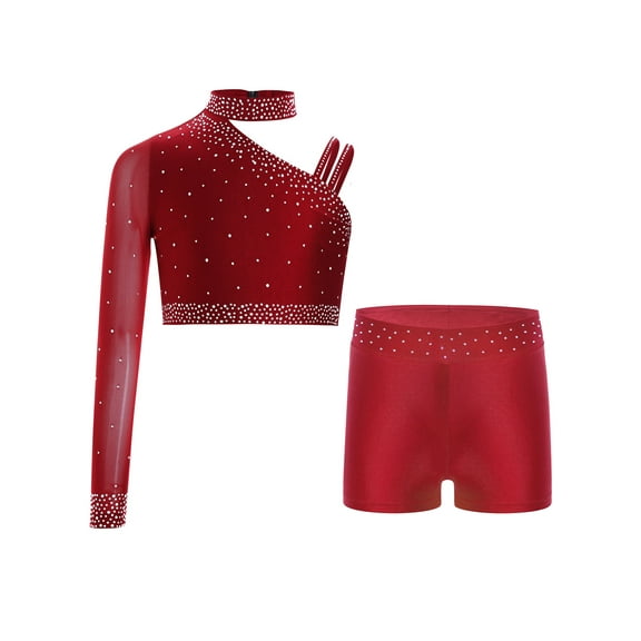 TSSOE Kids Girls Figure Skating Outfits Ballet Hip Hop Jazz Dance Crop Tops with Gymnastics Dance Shorts Set Burgundy 6