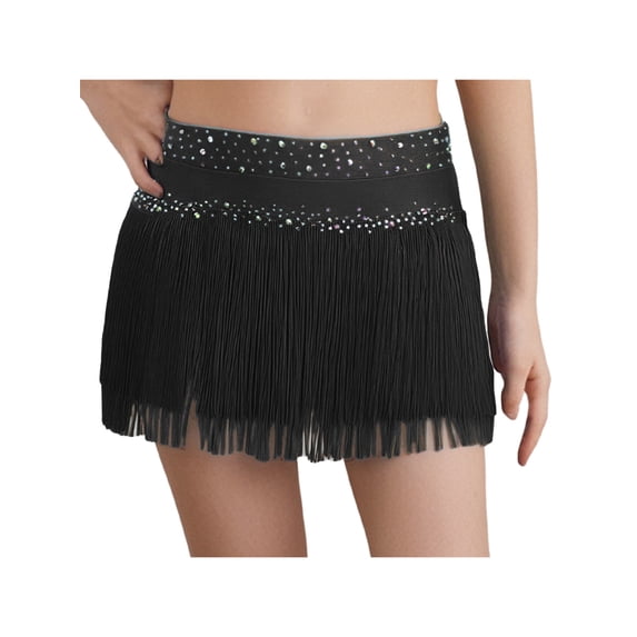 TSSOE Kids Girls Fringe Dance Skirt Shiny Rhinestone Mini Layered Tassel Latin Ballroom Tango Salsa Skirt Black 6