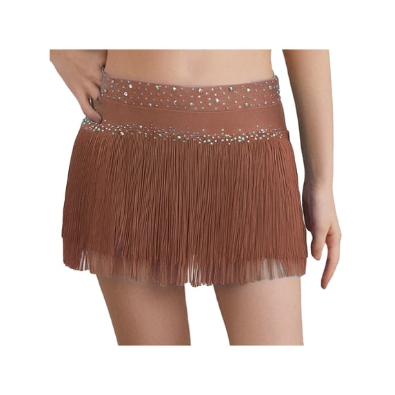 TSSOE Kids Girls Fringe Dance Skirt Shiny Rhinestone Mini Layered Tassel Latin Ballroom Tango Salsa Skirt Dusty Pink 10
