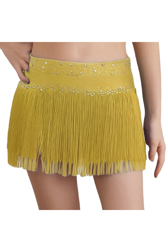 Kids Girls Fringe Dance Skirt Shiny Rhinestone Mini Layered Tassel Latin Ballroom Tango Salsa Skirt Yellow 8