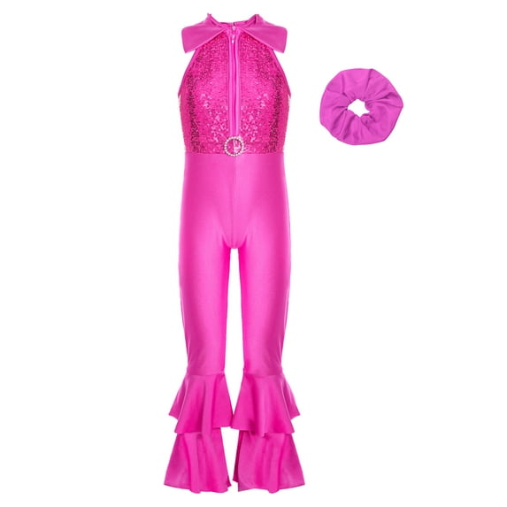 TSSOE Kids Girls Full Body Bodysuit Sleeveless Unitard Skating Jumpsuit Leotard with Hair Scrunchies Set Dancewear Hot Pink 12