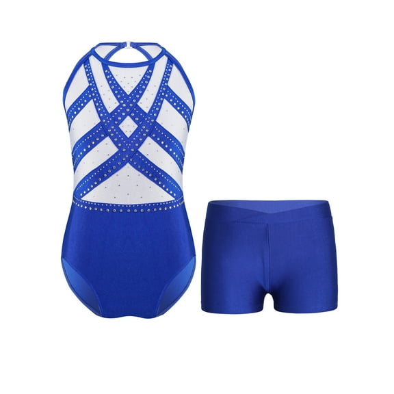TSSOE Kids Girls Gymnastics Ballet Dance Leotard Rhinestones Sleeveless Unitard Bodysuit with Shorts Blue 12