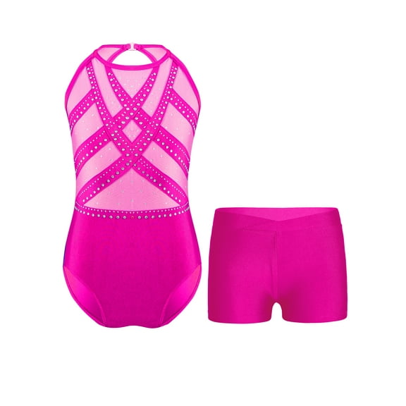 TSSOE Kids Girls Gymnastics Ballet Dance Leotard Rhinestones Sleeveless Unitard Bodysuit with Shorts Hot Pink 6