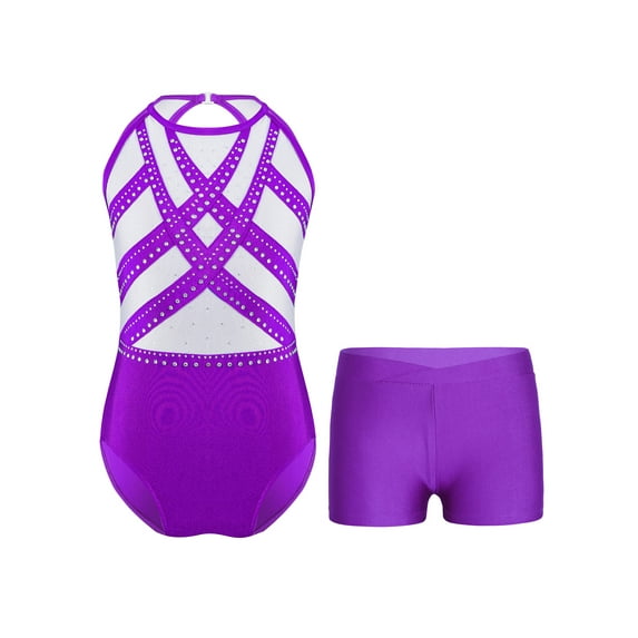 TSSOE Kids Girls Gymnastics Ballet Dance Leotard Rhinestones Sleeveless Unitard Bodysuit with Shorts Purple 14