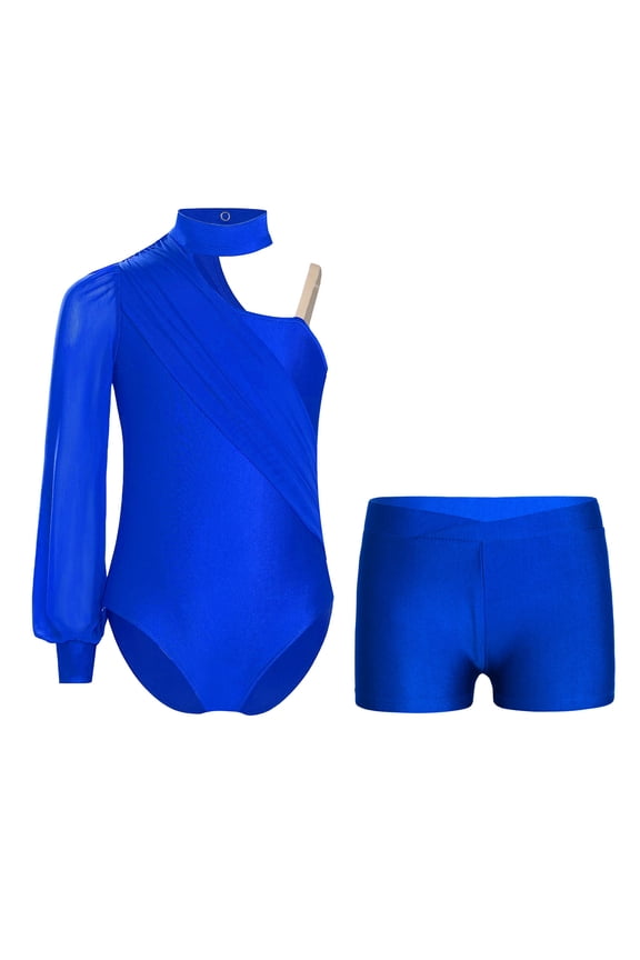 Kids Girls Gymnastics Leotard One Shoulder Long Sleeve Ruched Mesh Ballet Dance Unitard Bodysuit with Shorts Set Blue 6