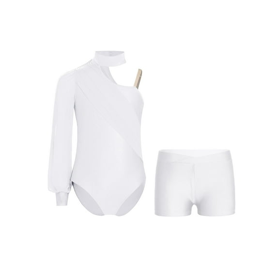 TSSOE Kids Girls Gymnastics Leotard One Shoulder Long Sleeve Ruched Mesh Ballet Dance Unitard Bodysuit with Shorts Set White 6