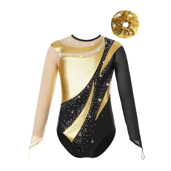 TSSOE Kids Girls Shiny Rhinestone Mesh Long Sleeve Gymnastics Leotard Tumbling Ballet Dance Bodysuit and Hair Band Set Gold 6