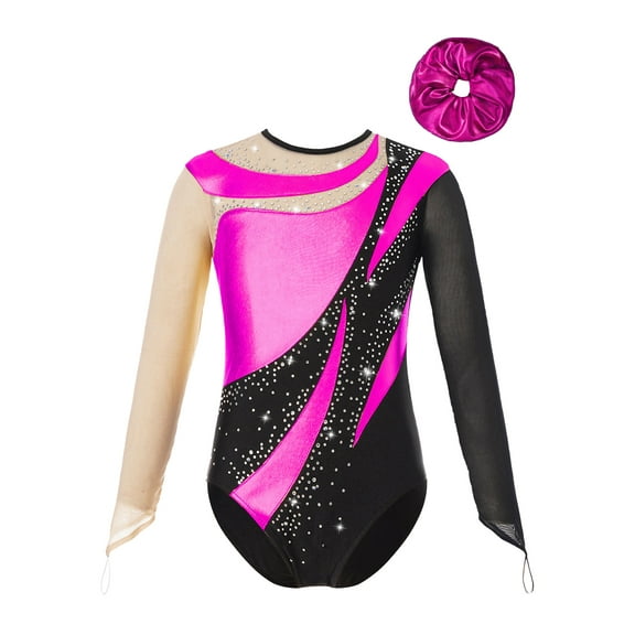 TSSOE Kids Girls Shiny Rhinestone Mesh Long Sleeve Gymnastics Leotard Tumbling Ballet Dance Bodysuit and Hair Band Set Hot Pink 10
