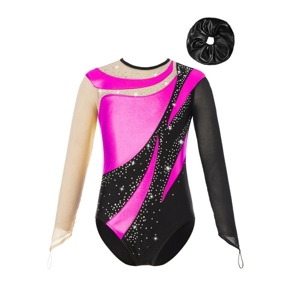 TSSOE Kids Girls Shiny Rhinestone Mesh Long Sleeve Gymnastics Leotard Tumbling Ballet Dance Bodysuit and Hair Band Set Hot Pink&Black 6