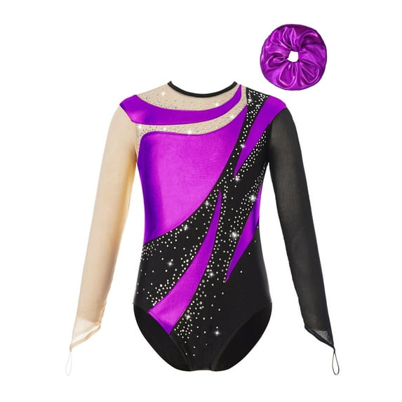 TSSOE Kids Girls Shiny Rhinestone Mesh Long Sleeve Gymnastics Leotard Tumbling Ballet Dance Bodysuit and Hair Band Set Purple 8