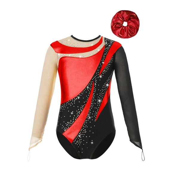 TSSOE Kids Girls Shiny Rhinestone Mesh Long Sleeve Gymnastics Leotard Tumbling Ballet Dance Bodysuit and Hair Band Set Red 8