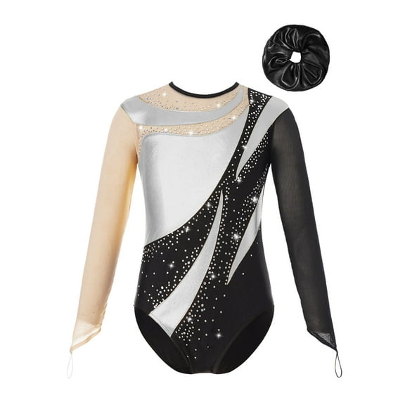 TSSOE Kids Girls Shiny Rhinestone Mesh Long Sleeve Gymnastics Leotard Tumbling Ballet Dance Bodysuit and Hair Band Set Silver&Black 6