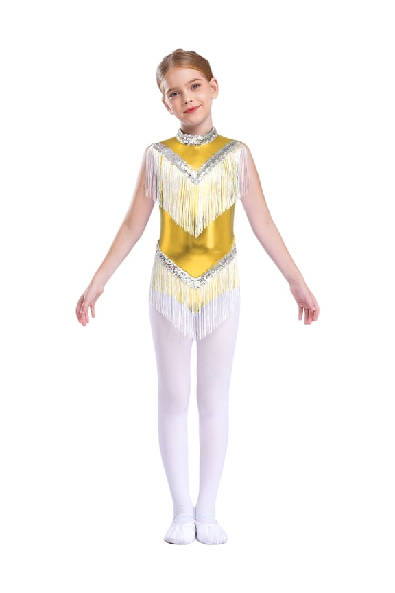 Kids Girls Gymnastics Leotards Bodysuits Metallic Sleeveless Stand Collar Tassels Zipper Back Jumpsuits Gold 8