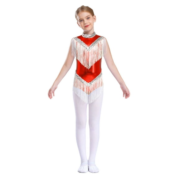 TSSOE Kids Girls Gymnastics Leotards Bodysuits Metallic Sleeveless Stand Collar Tassels Zipper Back Jumpsuits Red 12