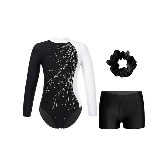 TSSOE Kids Girls Sequined Diamond Ballet Dance Leotards Outfits Long Sleeve Gymnastics Shorts Sets Biketard White&Black 8
