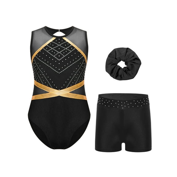 TSSOE Kids Girls Gymnastics and Dance Outfits Rhinestones Sleeveless Ballet Leotards with Shorts Set Activewear Black 16