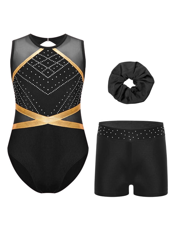 Kids Girls Gymnastics and Dance Outfits Rhinestones Sleeveless Ballet Leotards with Shorts Set Activewear Black 6